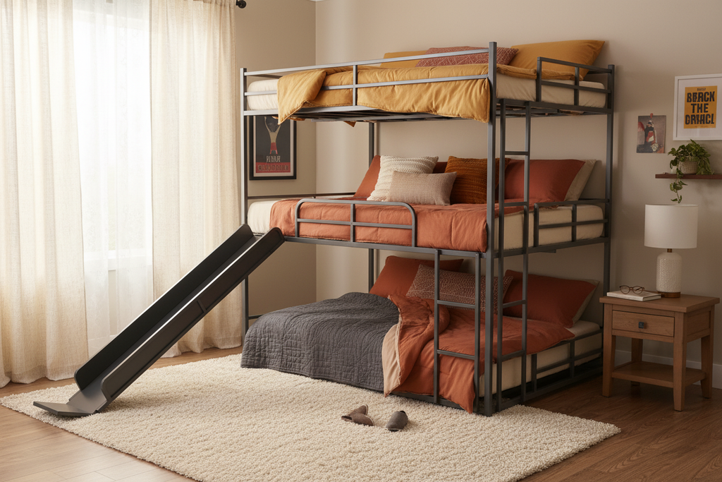 Metal Full Size Loft Bed with Slide and Ladder,  Black
