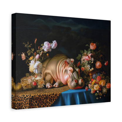 Whimsical Hippo Canvas Art, Tranquil Home Decor Fine Art Print, Animal Wall Art, Unique Gift, Floral Decor, Cheetah Print