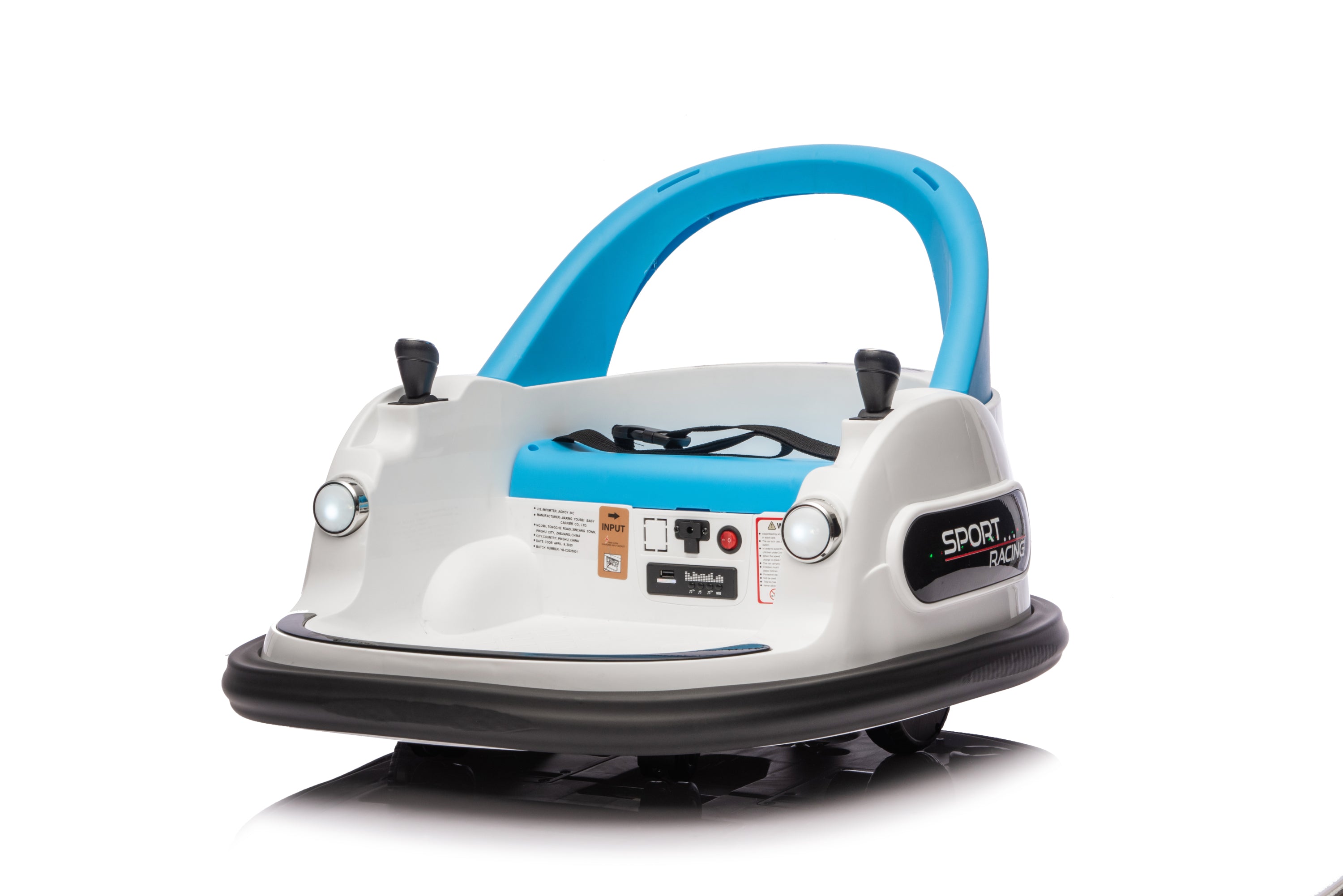 Bumper Car White 12V Ride On With Remote Led Lights Bluetooth 2WD 360 Spin