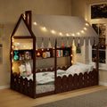 {Slats are not included} Twin Size Montessori House Bed for Kids, Floor Bed with Fence Railings, Tent, Lights & 3 Storage Shelves, Espresso