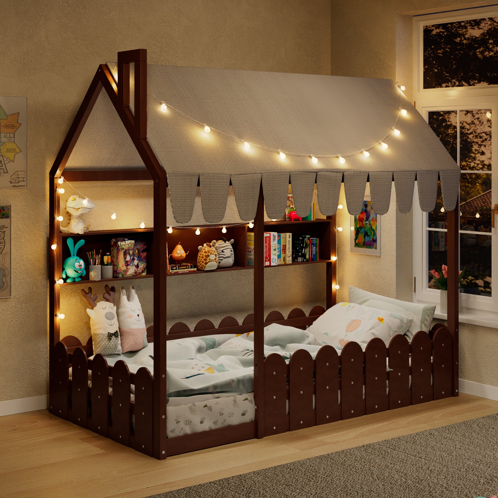 {Slats are not included} Twin Size Montessori House Bed for Kids, Floor Bed with Fence Railings, Tent, Lights & 3 Storage Shelves, Espresso