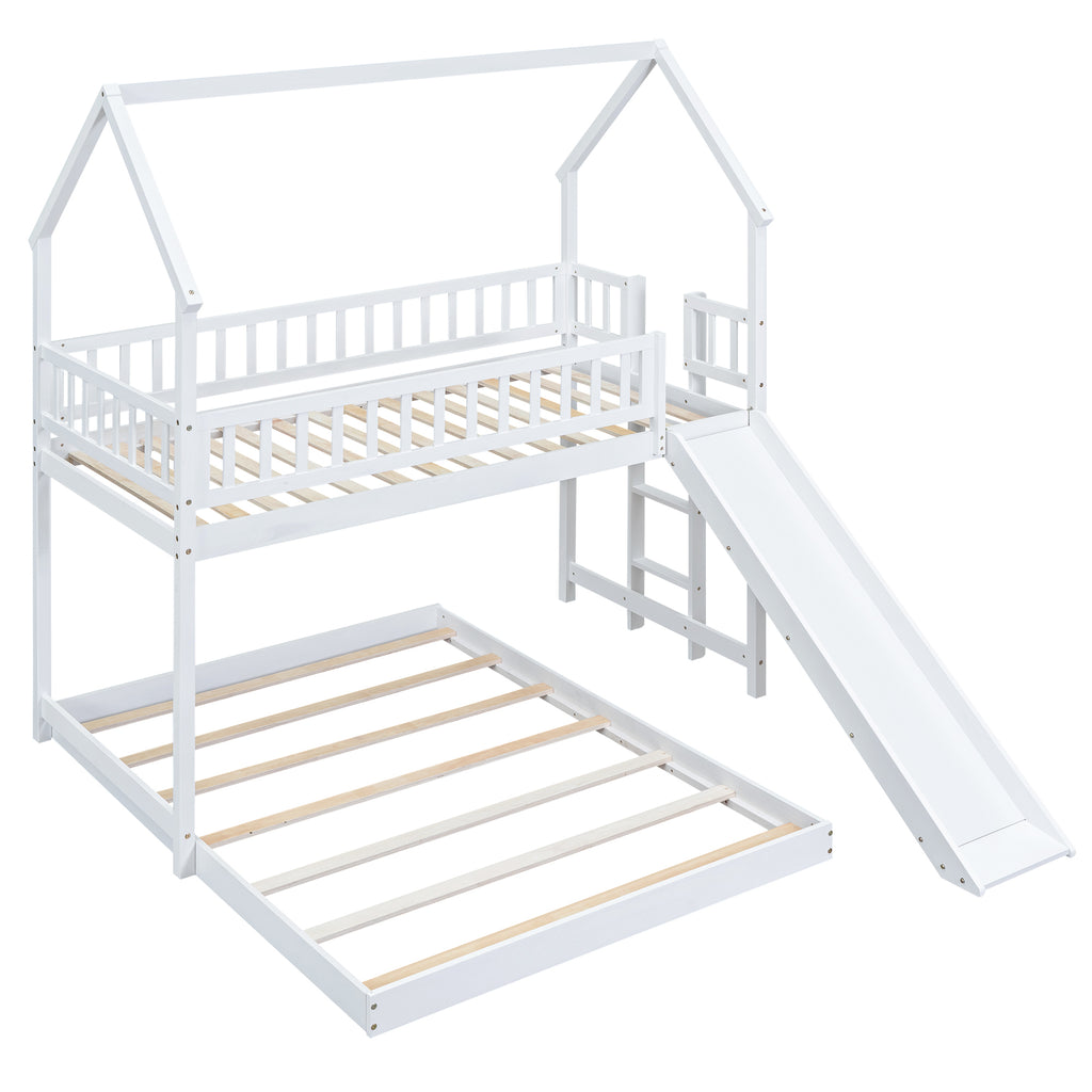 Hearth & Haven Twin over Full House Bunk Bed with Slide, Built in Ladder and Full Length Guardrail, White