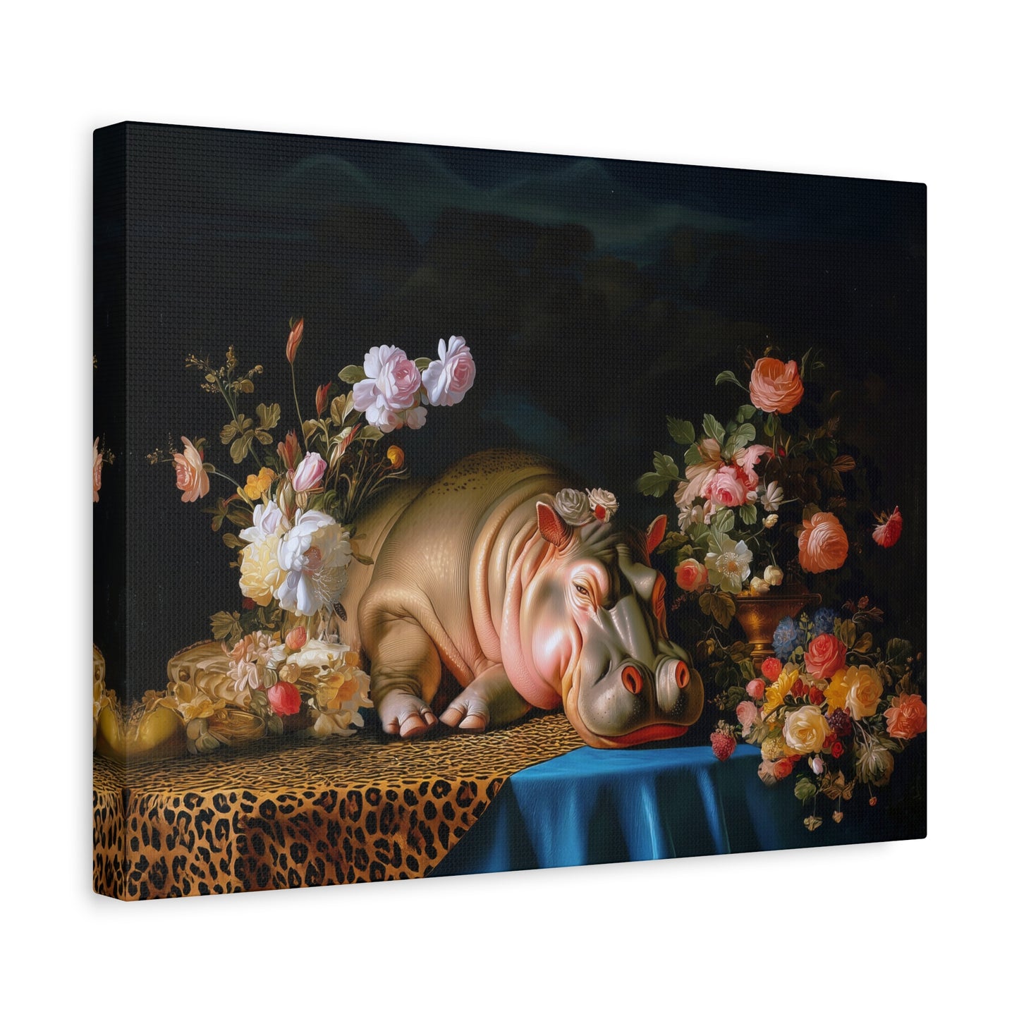 Whimsical Hippo Canvas Art, Tranquil Home Decor Fine Art Print, Animal Wall Art, Unique Gift, Floral Decor, Cheetah Print