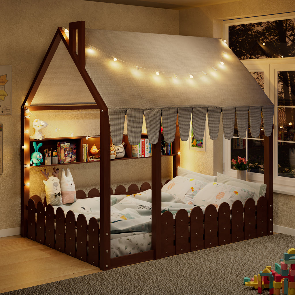 {Slats are not included} Full Size Montessori House Bed for Kids, Floor Bed with Fence Railings, Tent, Lights & 3 Storage Shelves, Espresso