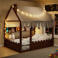 {Slats are not included} Full Size Montessori House Bed for Kids, Floor Bed with Fence Railings, Tent, Lights & 3 Storage Shelves, Espresso