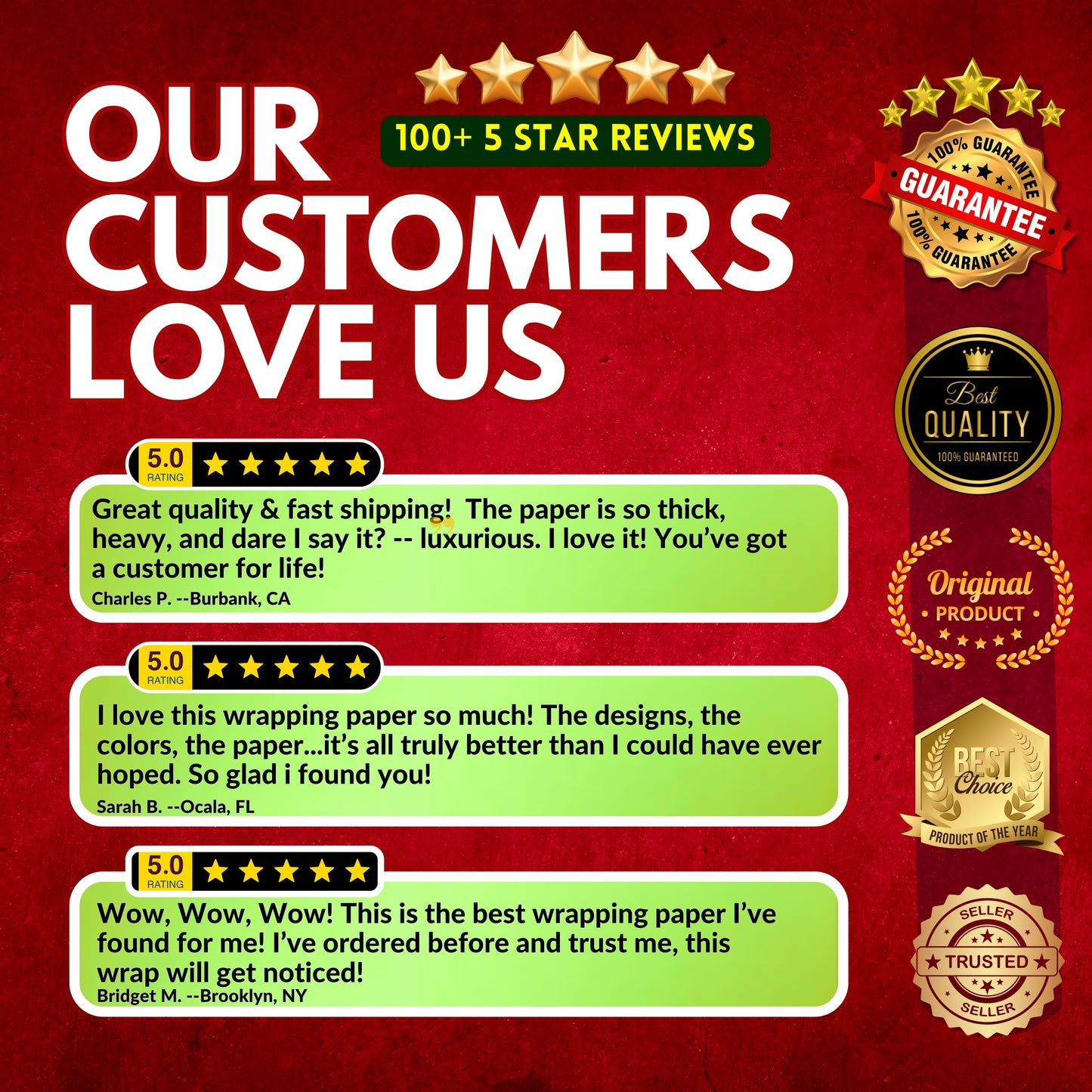 Promotional graphic with customer reviews and product features on a red background