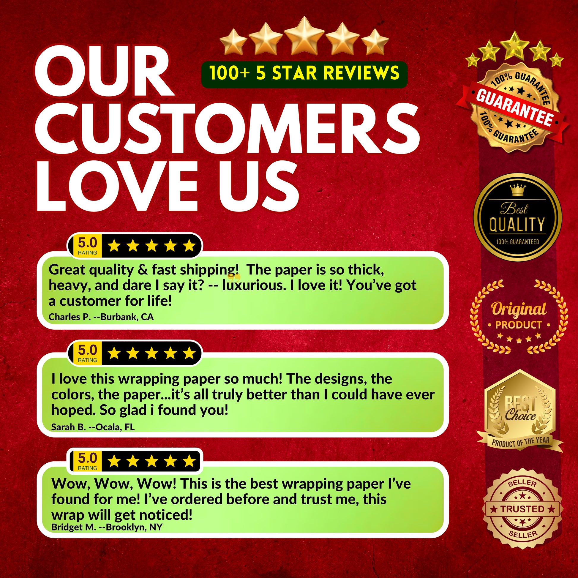 Promotional graphic with customer reviews and product features on a red background