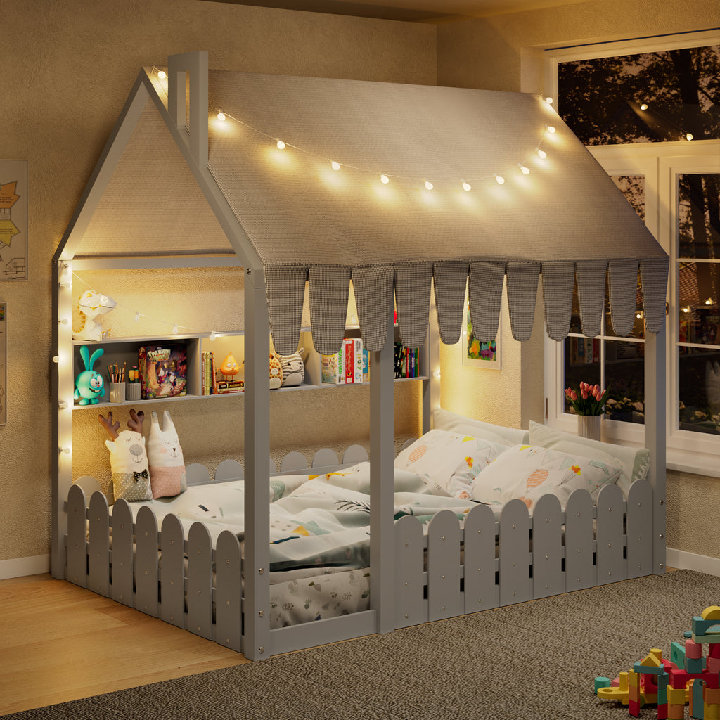 {Slats are not included} Full Size Montessori House Bed for Kids, Floor Bed with Fence Railings, Tent, Lights & 3 Storage Shelves, Gray
