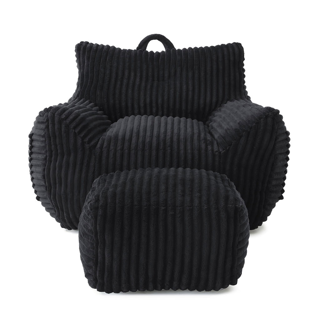 Giant Plush Bean Bag Chair for Adults with Armrests and Footstool in Comfy Black Corduroy