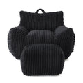 Giant Plush Bean Bag Chair for Adults with Armrests and Footstool in Comfy Black Corduroy