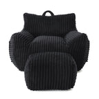 Giant Plush Bean Bag Chair for Adults with Armrests and Footstool in Comfy Black Corduroy