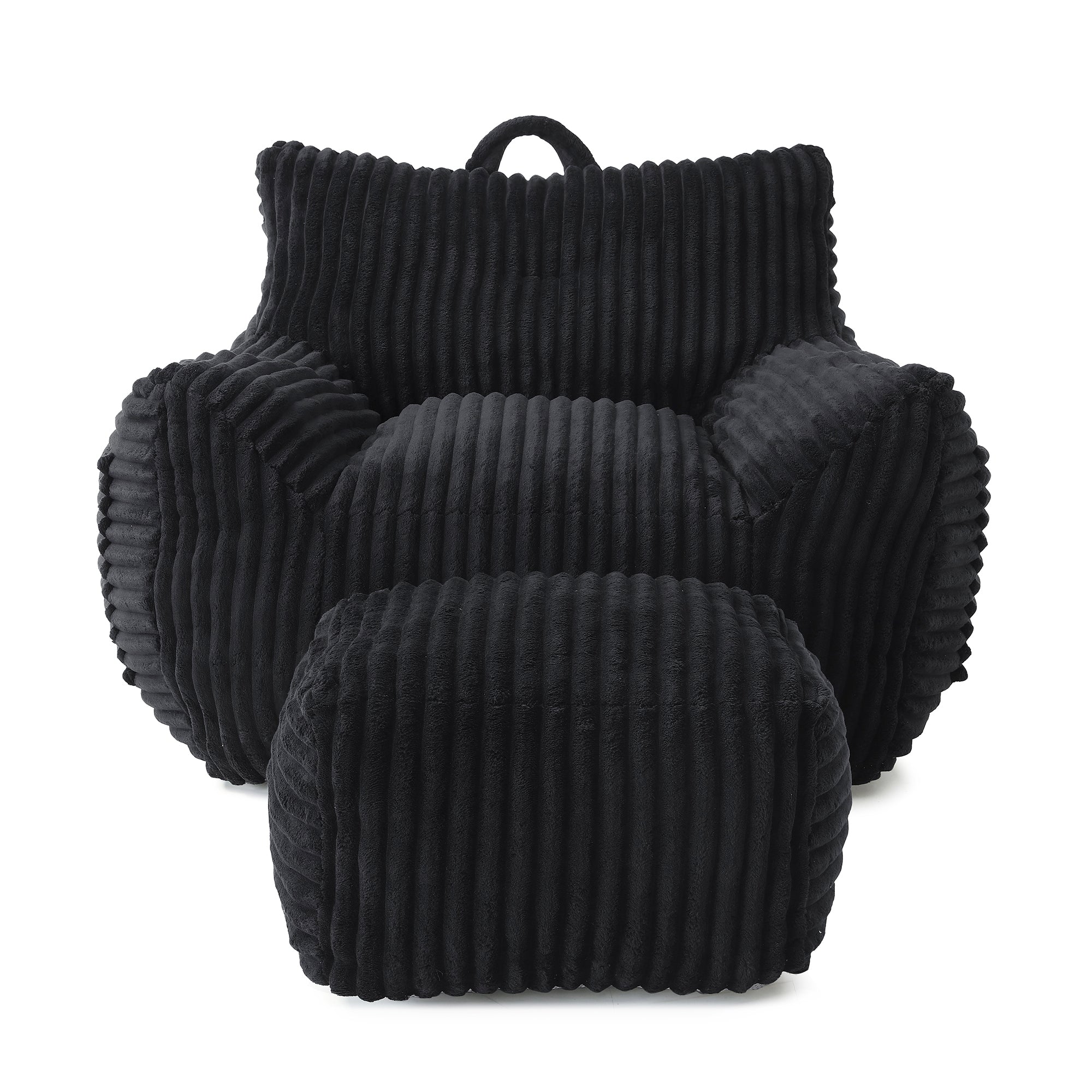 Giant Plush Bean Bag Chair for Adults with Armrests and Footstool in Comfy Black Corduroy