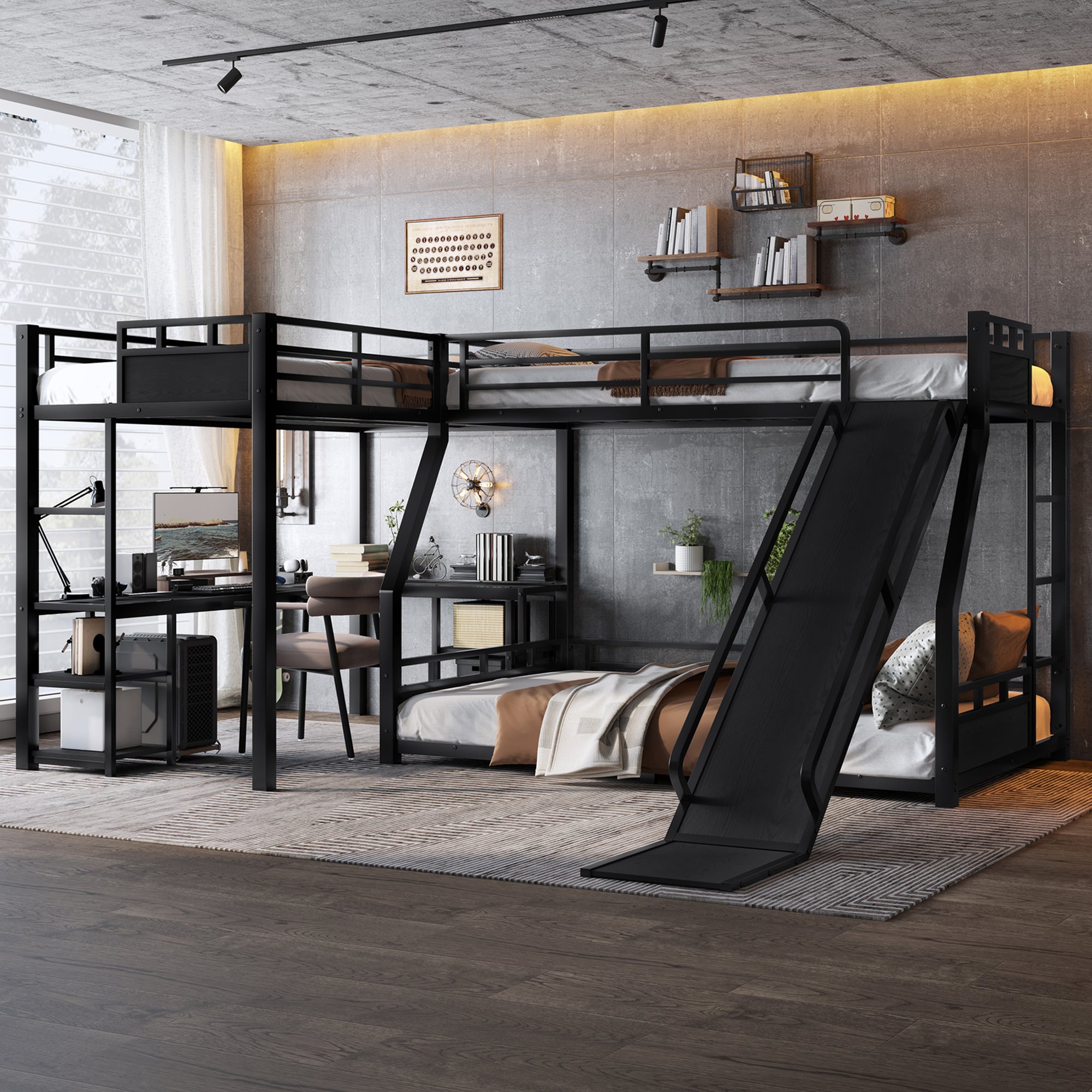 L-Shaped Metal Bunk Bed (Top bed: twin, bottom bed: full ) with Single Loft Bed, Desk, and Storage Shelves, USB Charging Port Included - Metal Triple Bunk Bed with Slide,Black