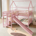 Full House-shaped Bunk bed with Slide,Playhouse Bed with Storage Stairs,Two Placement Methods ,Noise-free Design,Pink