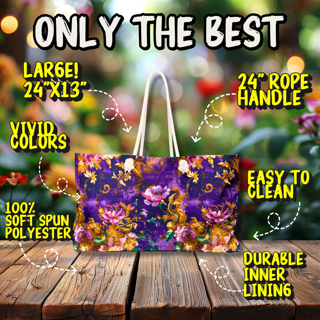 Abstract Flowers Deluxe Tote Bag – Purple, Pink, & Gold Beauty for Travel & More!