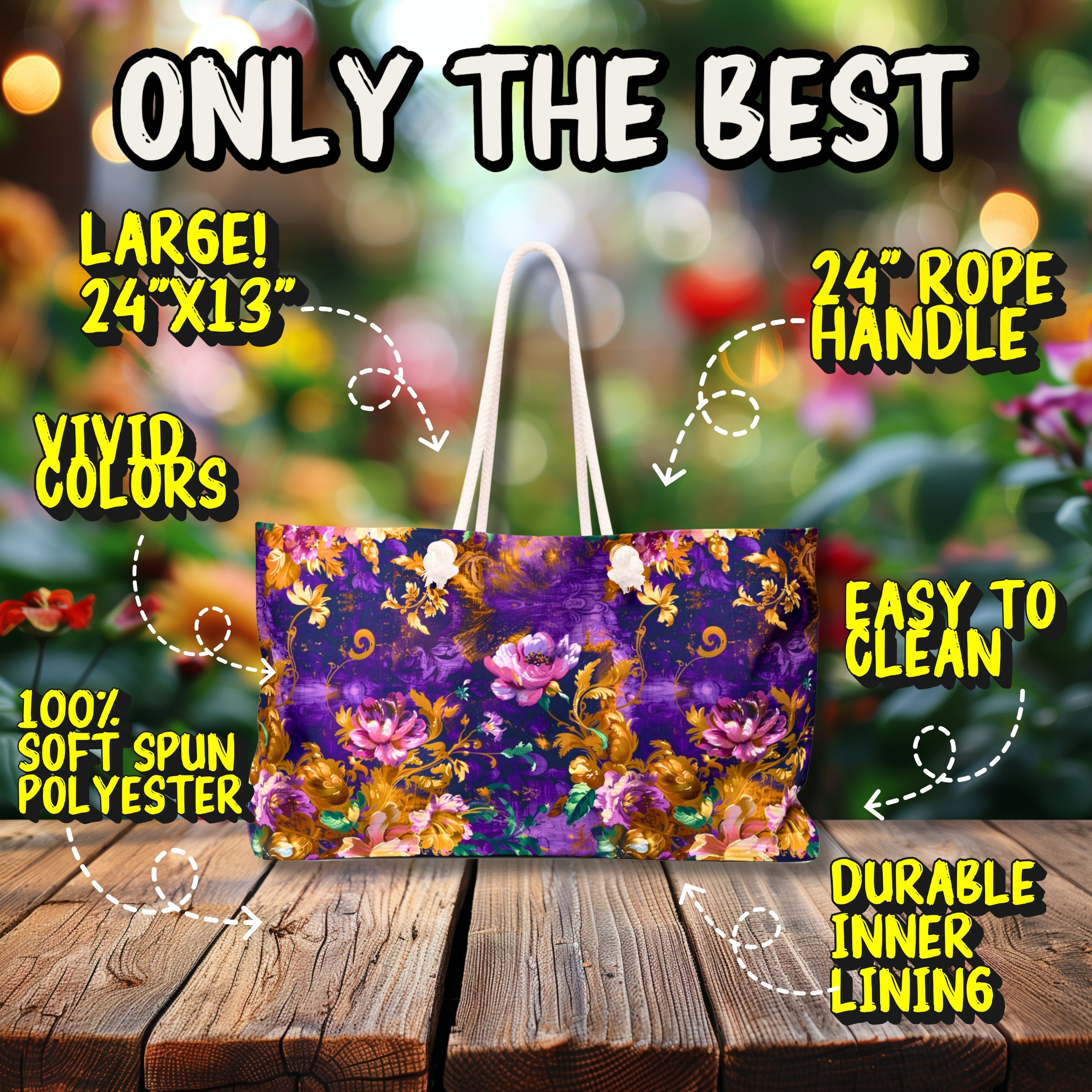 Abstract Flowers Deluxe Tote Bag – Purple, Pink, & Gold Beauty for Travel & More!