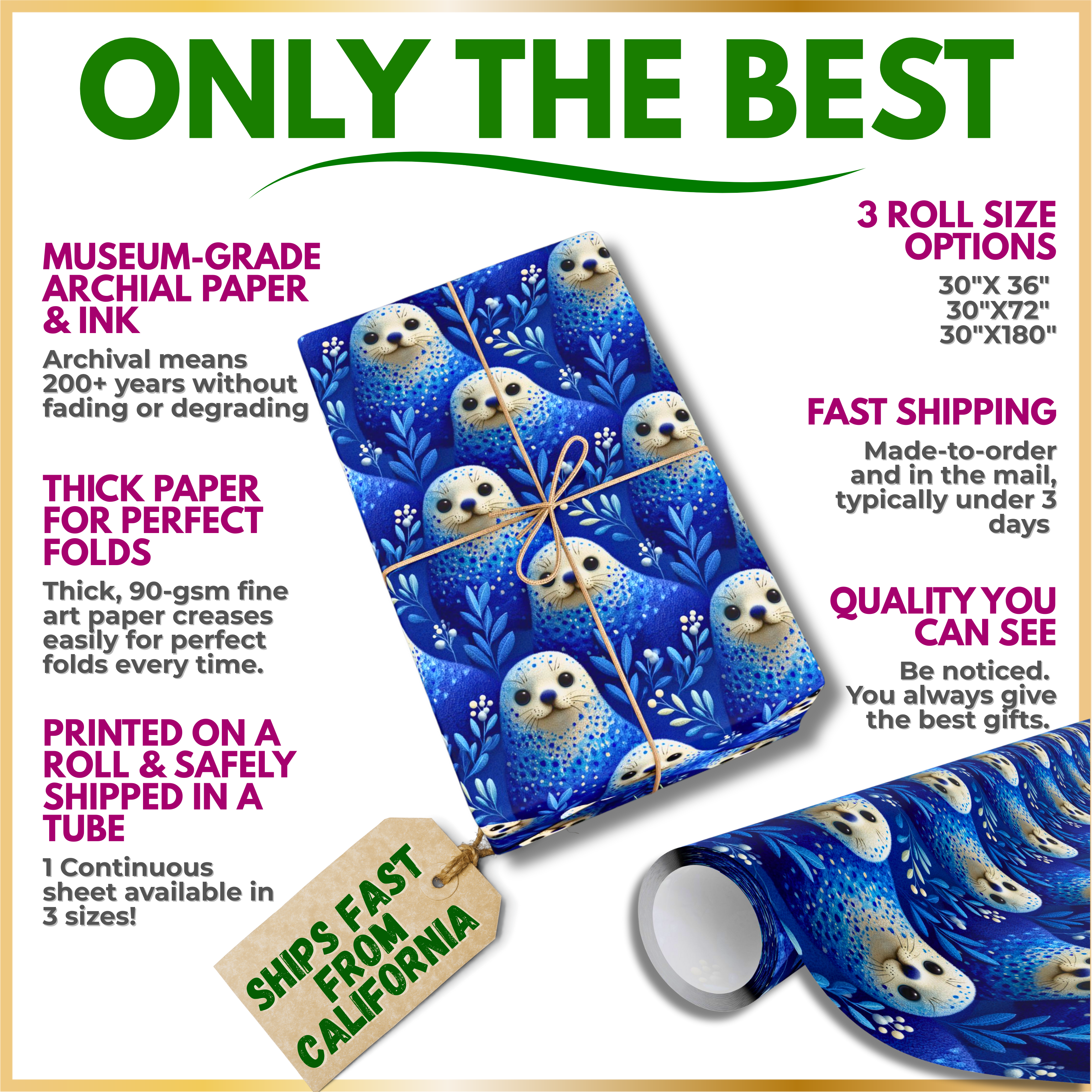 Wrapping Paper — Blue Seal Pup Pattern Holiday Gift Wrap