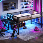 Twin XL Size Gaming Loft Bed with Desk of X-shaped leg ,LED Lights, USB Ports, Staircase & Mesh Guardrail - Black Metal Frame, Space-Saving Elevated Bed for Dorms, Bedrooms, & Gaming Setups