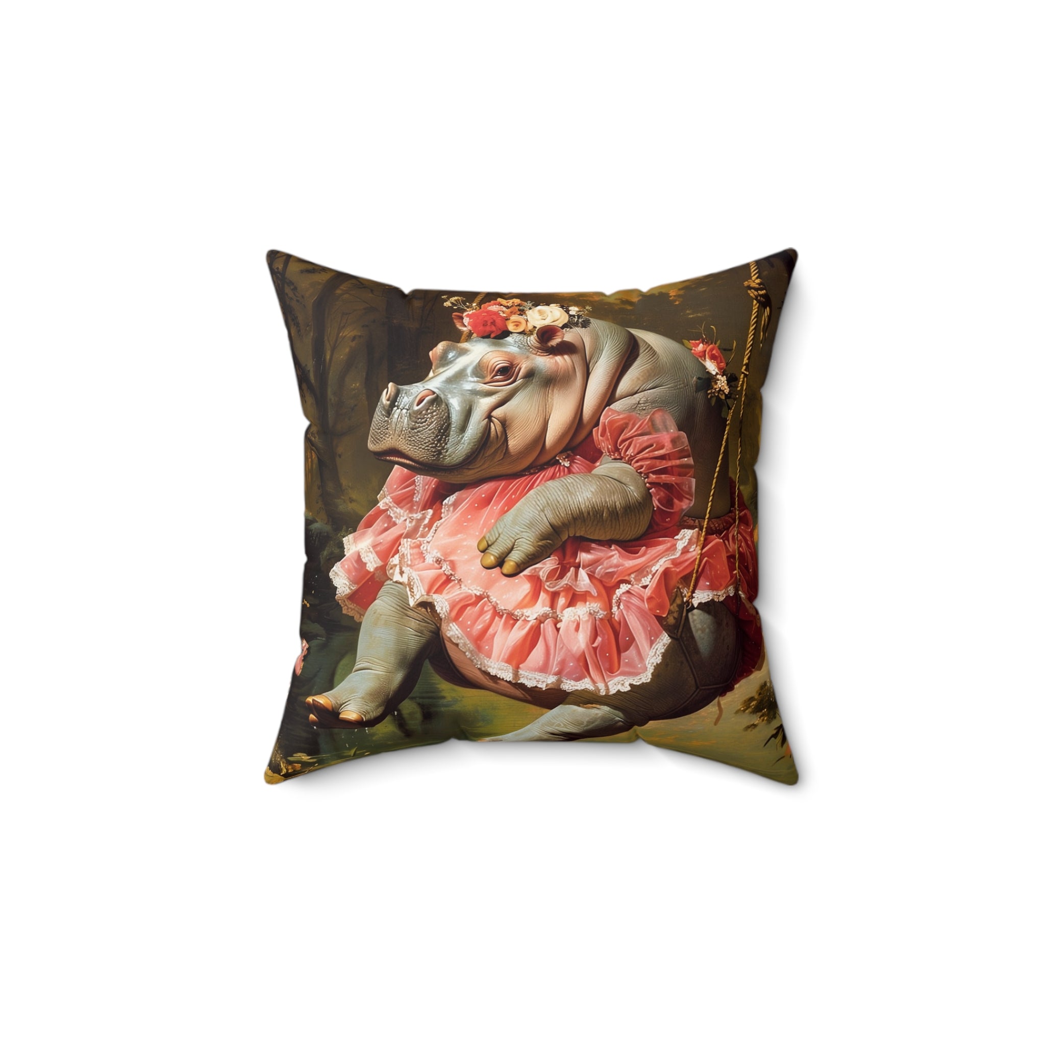 Faux Suede Square Pillow | Renaissance Hippo on Swing