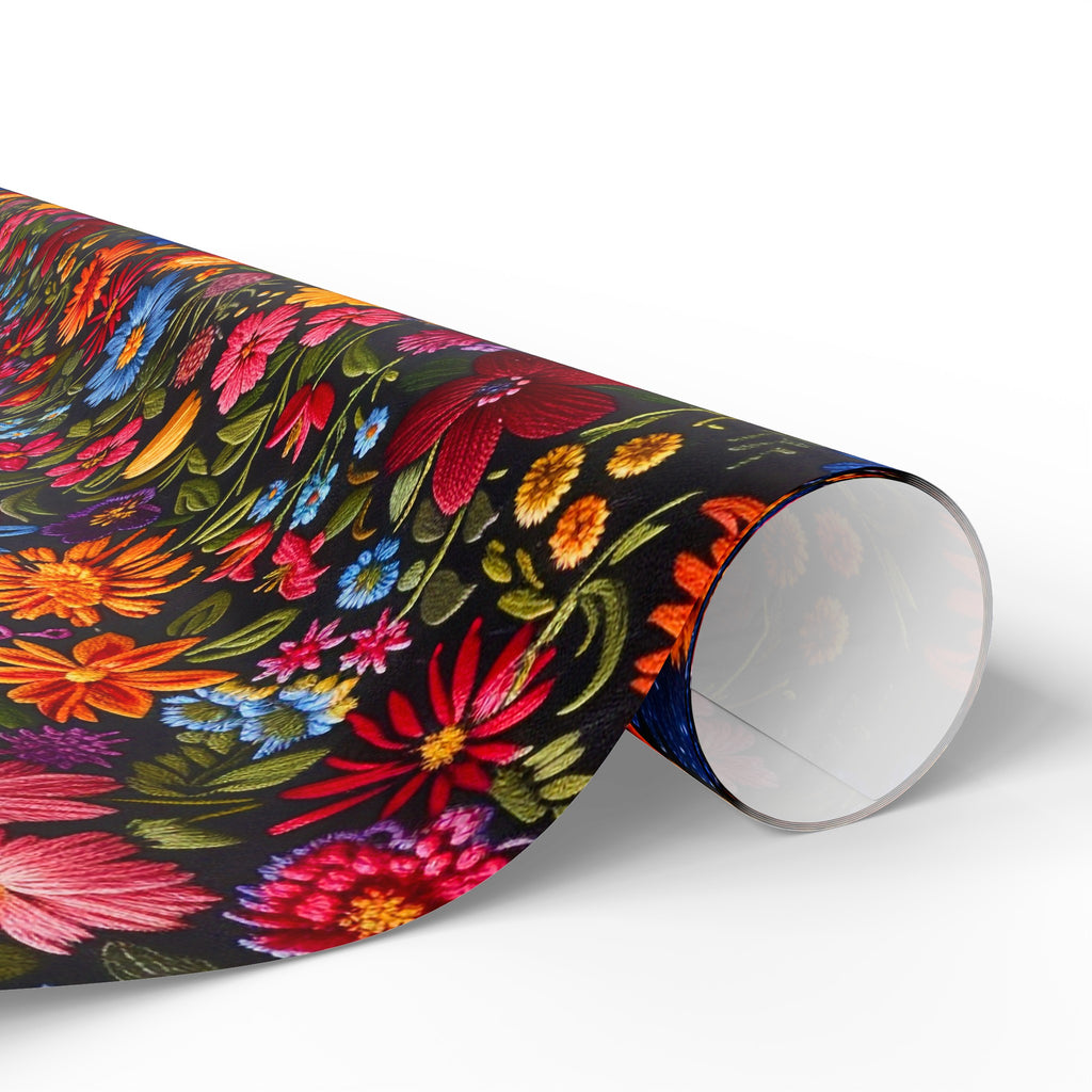 Embroidery Flowers Wrapping Paper Rolls |  Dark Background Floral Gift Wrap