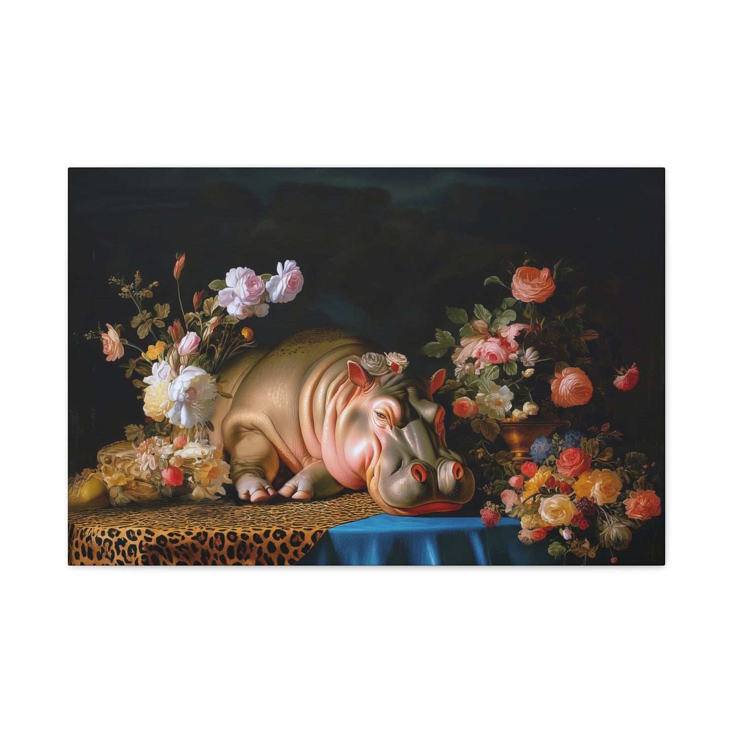 Whimsical Hippo Canvas Art, Tranquil Home Decor Fine Art Print, Animal Wall Art, Unique Gift, Floral Decor, Cheetah Print