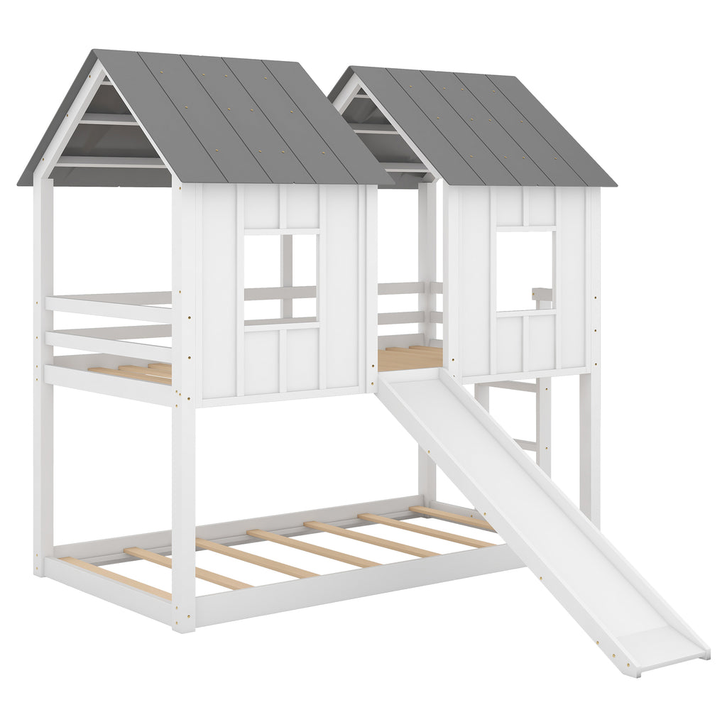 White Twin over Twin House Bunk Bed with Slide and Windows, Solid Pine Wood, 77.4''L x 41.9''W x 80''H
