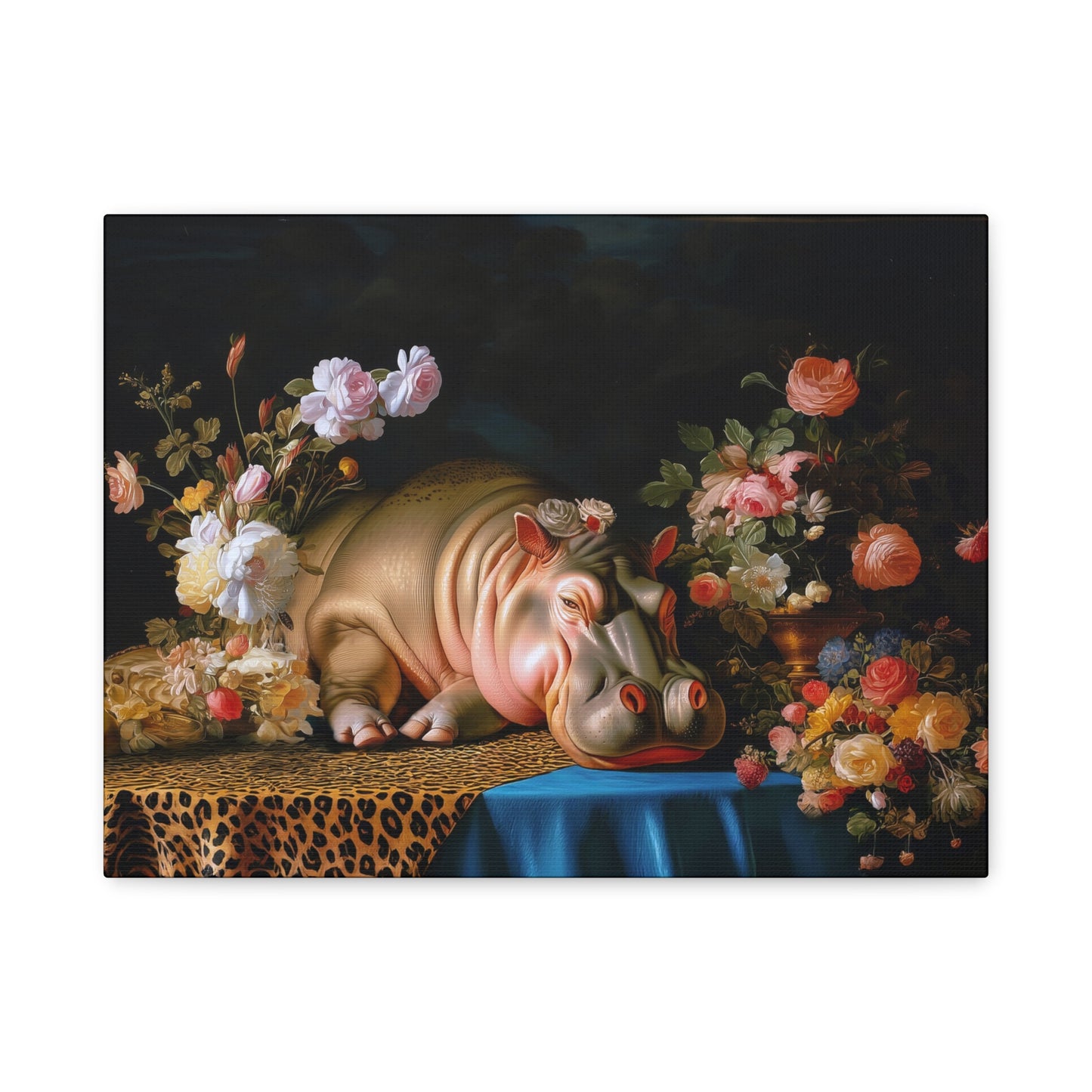 Whimsical Hippo Canvas Art, Tranquil Home Decor Fine Art Print, Animal Wall Art, Unique Gift, Floral Decor, Cheetah Print
