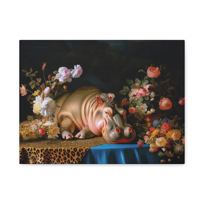 Whimsical Hippo Canvas Art, Tranquil Home Decor Fine Art Print, Animal Wall Art, Unique Gift, Floral Decor, Cheetah Print