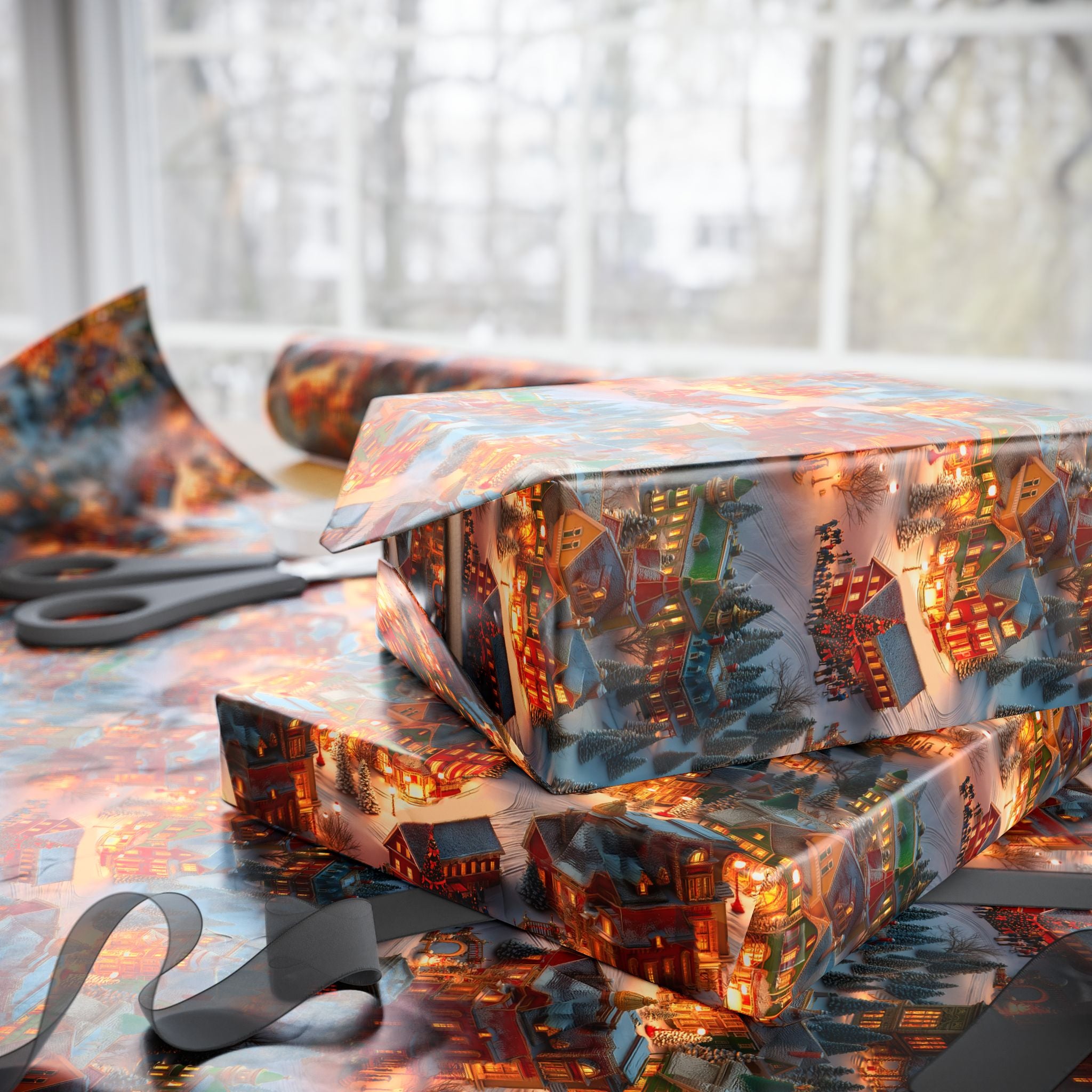 Festive Town Center Christmas Holiday Wrapping Paper Rolls