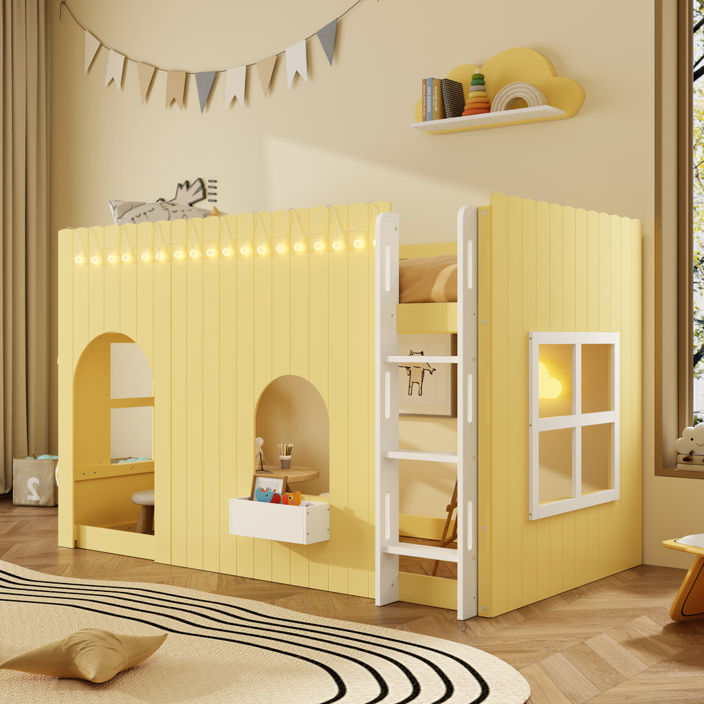 Kids Loft Bed Twin Size Primrose Yellow, Solid Wood, With Warm LED Light String