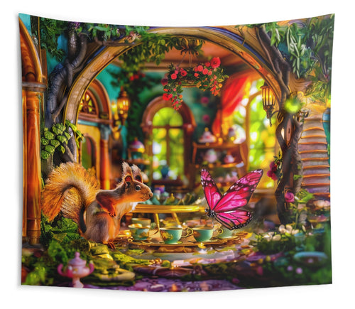 A colorful tapestry featuring whimsical animal characters engaged in a tea party setting, with a squirrel and a butterfly interacting in a human-like manner.