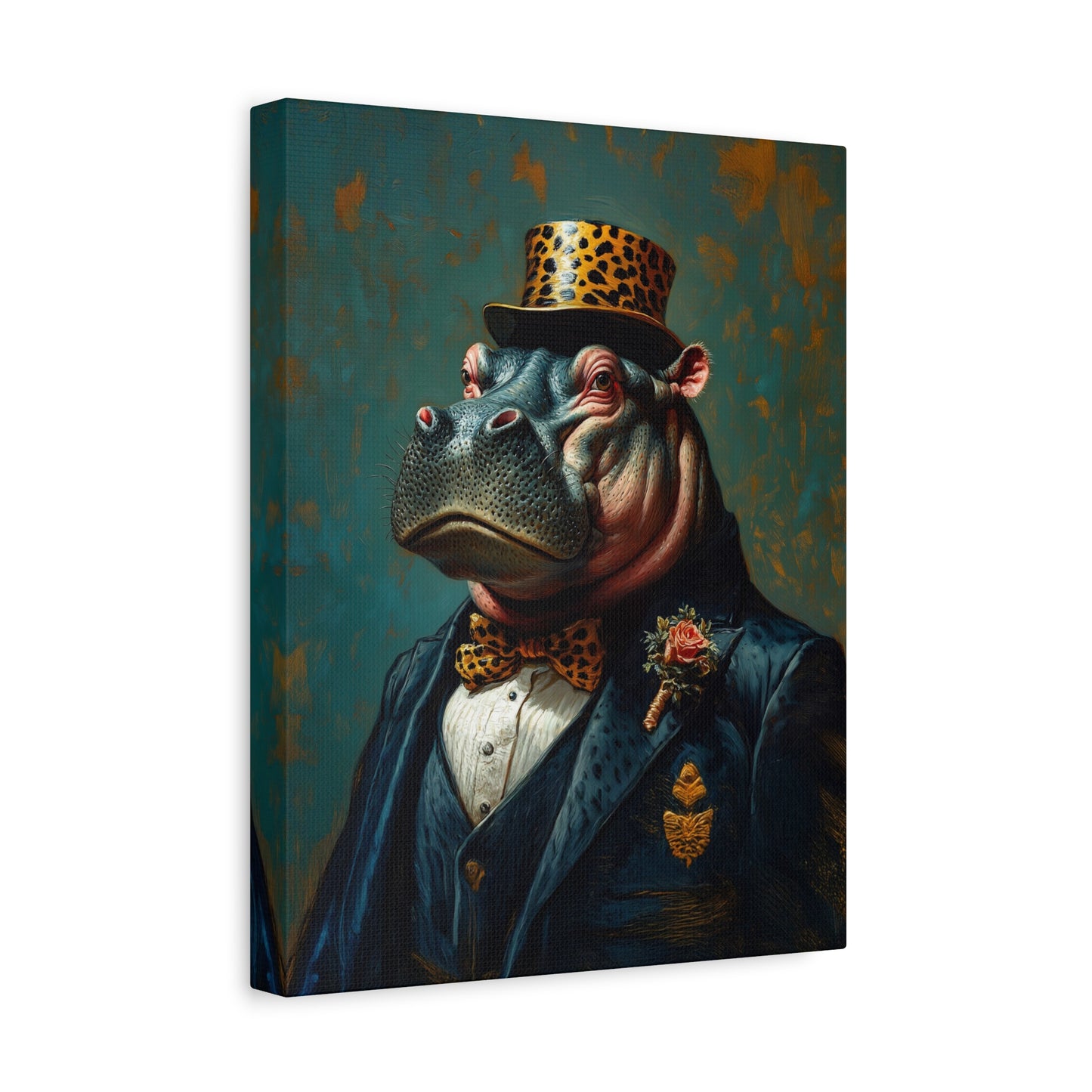 Dapper Hippo Canvas Art Print | Giclée Portrait of Hippo in Bow Tie & Top Hat | Whimsical Decor