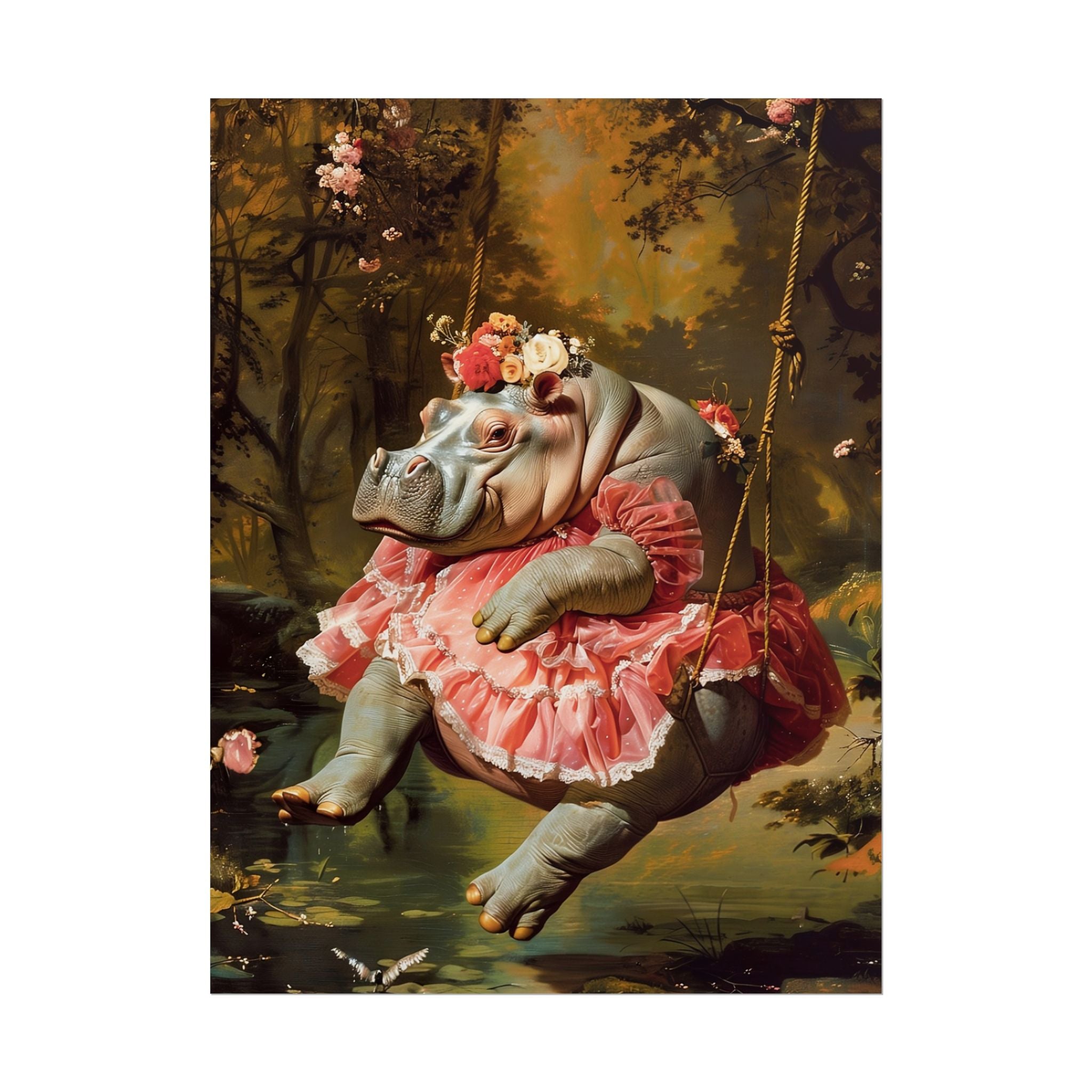Lady Hippo on Swing | Rococo Style Fine Art Print (Rolled)