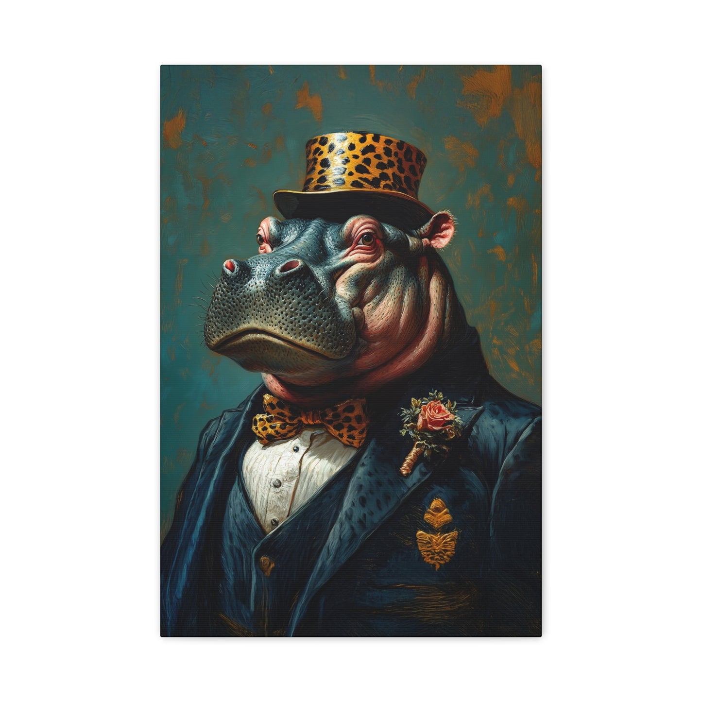 Dapper Hippo Canvas Art Print | Giclée Portrait of Hippo in Bow Tie & Top Hat | Whimsical Decor