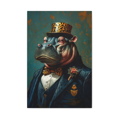 Dapper Hippo Canvas Art Print | Giclée Portrait of Hippo in Bow Tie & Top Hat | Whimsical Decor