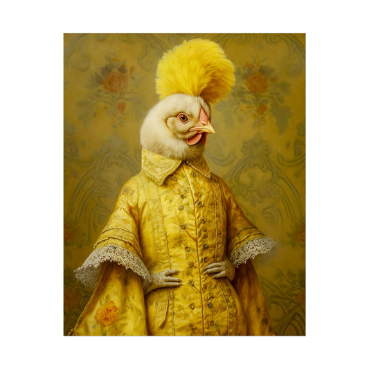 Victorian Chicken Art Print on Fine Art Paper or Canvas - Funny Renaissance Hen in Yellow Attire
