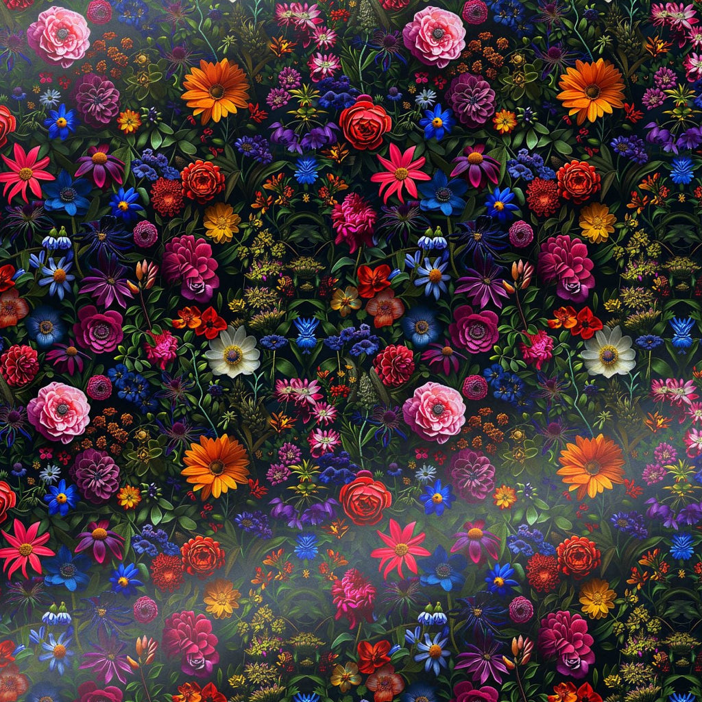 Roll of wrapping paper with a dark floral pattern featuring various flowers in multiple colors.