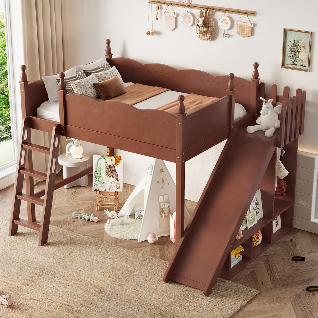 Full Loft Bed with Storage Shelves and Wardrobe, Solid Wood Loft Beds with Detachable Slide and Ladders, No Spring Box Needed, Deep Natural.(Patent Protection)