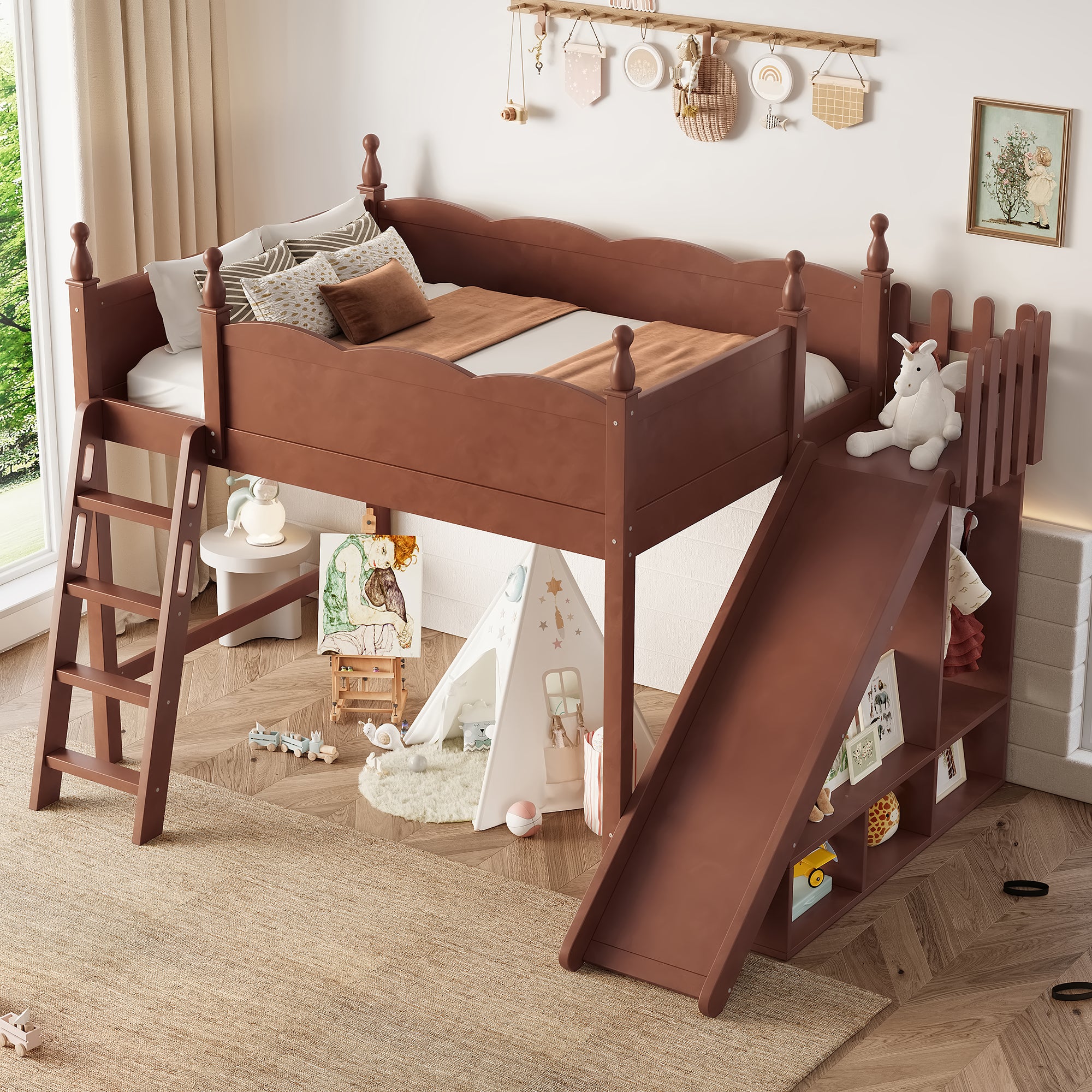 Full Loft Bed with Storage Shelves and Wardrobe, Solid Wood Loft Beds with Detachable Slide and Ladders, No Spring Box Needed, Deep Natural.(Patent Protection)
