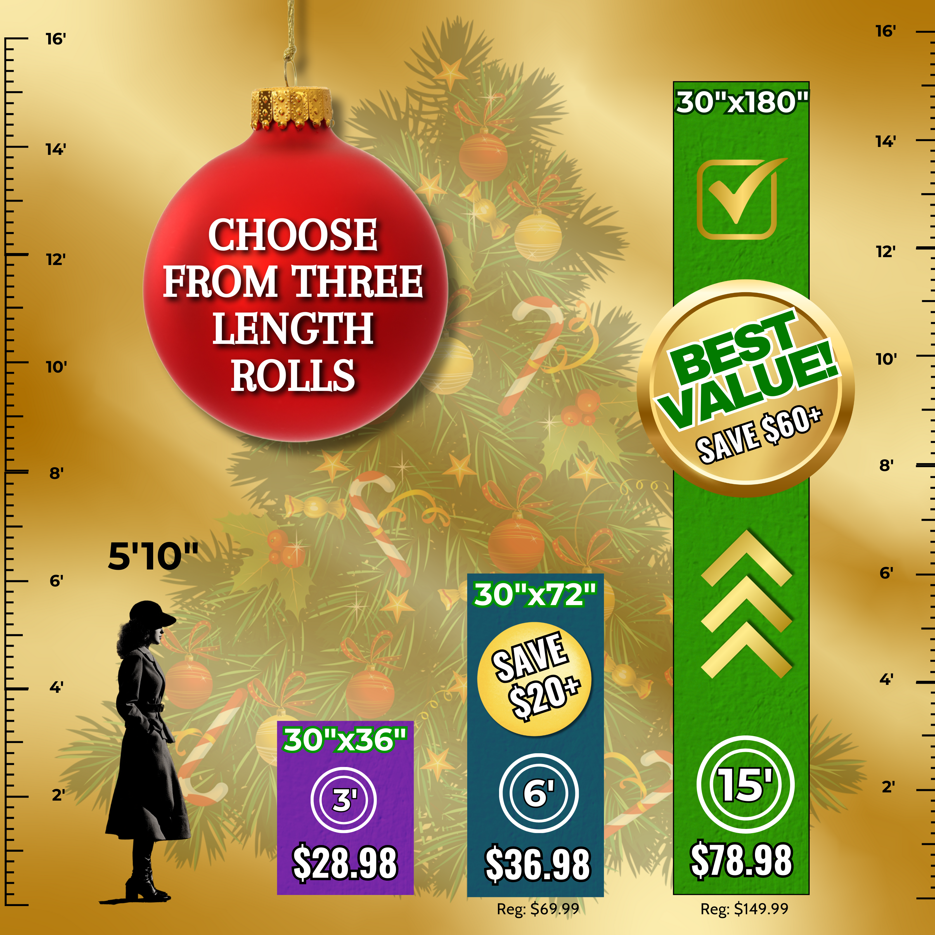 Sizing chart for Mountain town holiday wrapping paper rolls from The Curated Goose