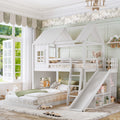 Twin over Full House Bunk Bed with Ladders and Slides, House Floor Bunk Bed with Storage Shelves and Wardrobe, Playhouse Design, White