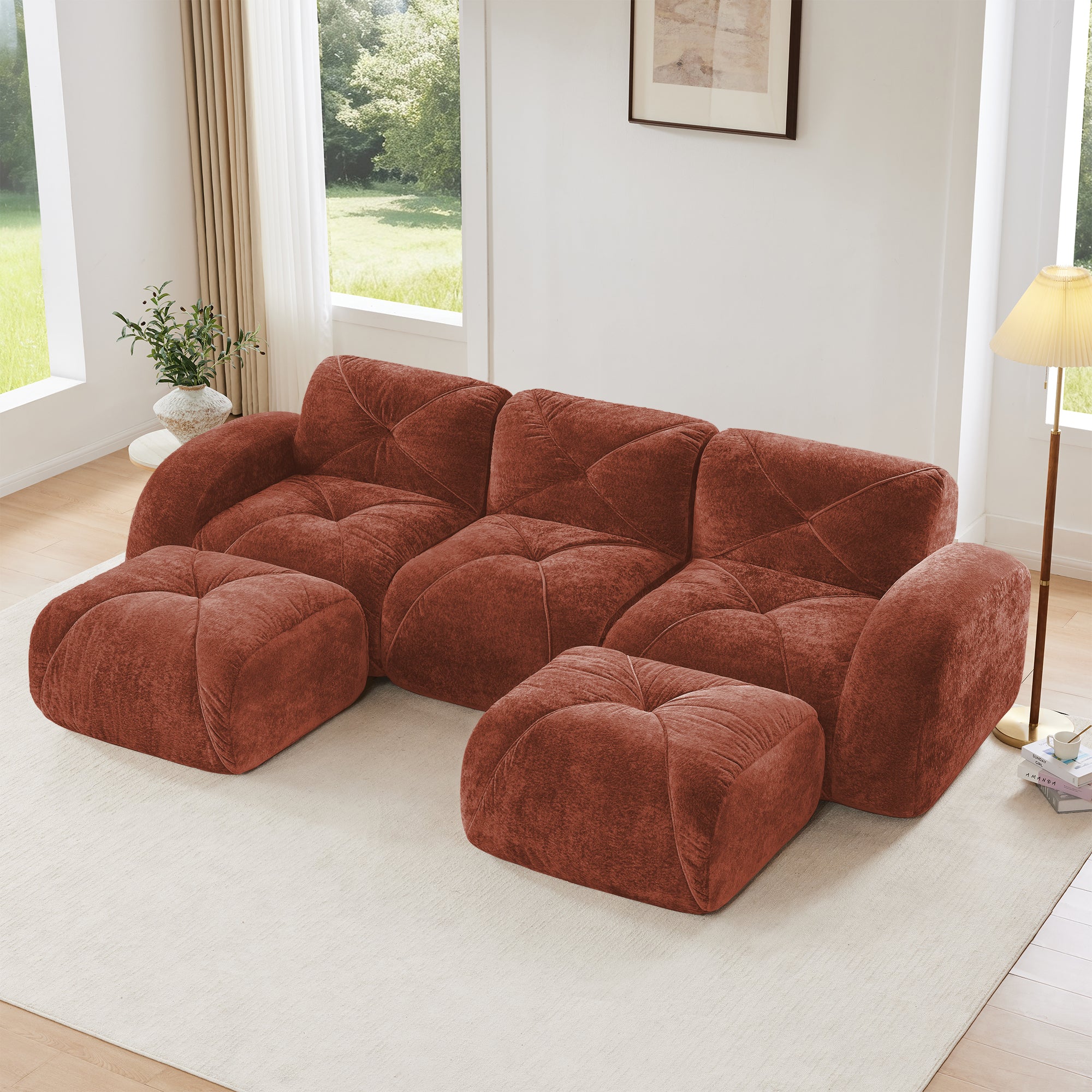 U-shaped Boneless Sofa,Tufted Design,32D High Density Sponge,Bottom Anti-Slip Design,No Assembly Required Bottom,Free Combination,Movable Ottomans For Study And Home Theater, Red Brown