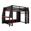Black wood full-size gaming loft bed with desk, storage shelves, LED lighting, and hanging clothes rack.