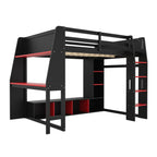 Black Wood Full Size Gaming Loft Bed with Desk, Multi-storage Shelves, LED Lighting, and Hanging Clothes Rack