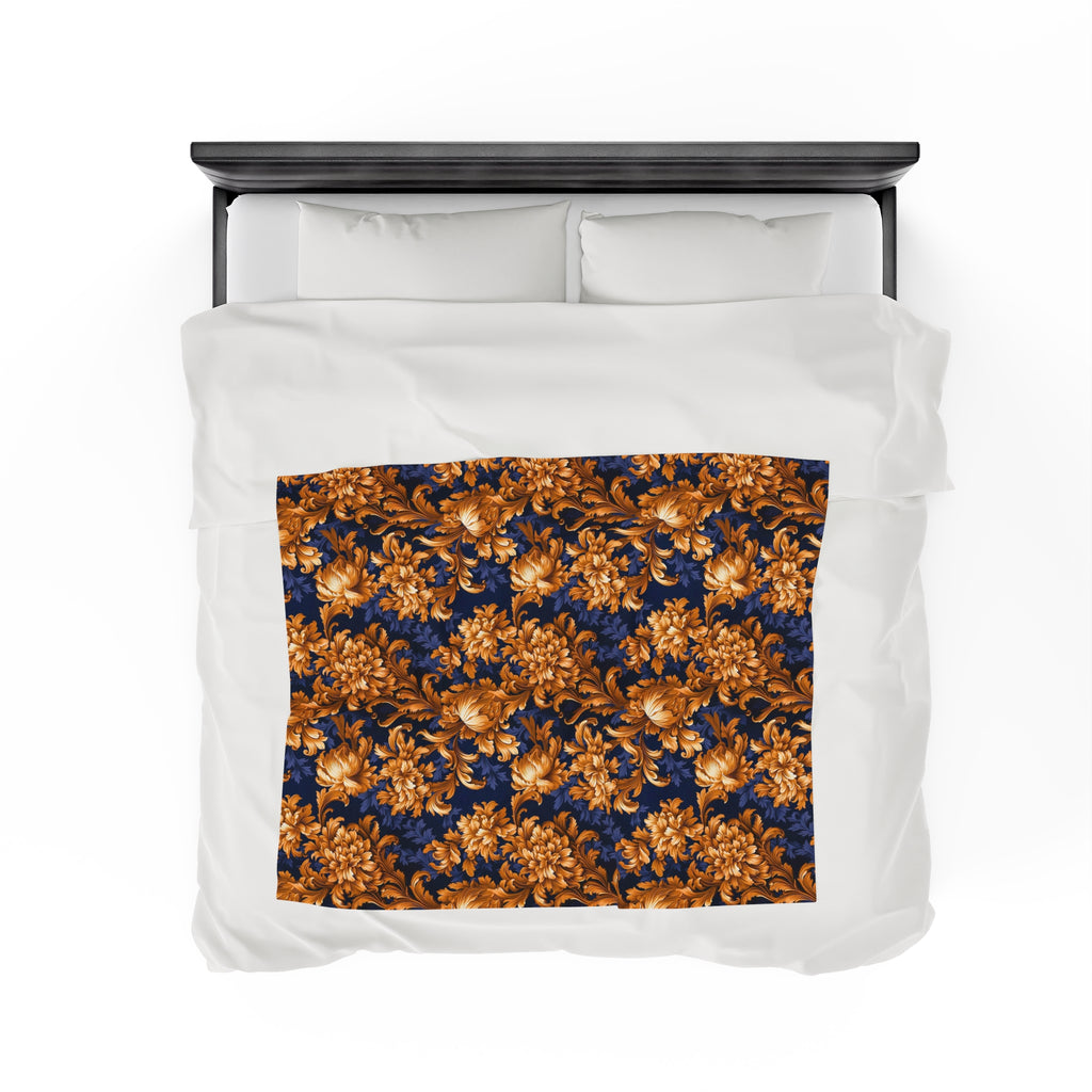 Velveteen Plush Blanket | Gold & Navy Flowers | Baroque Floral Throw Blanket