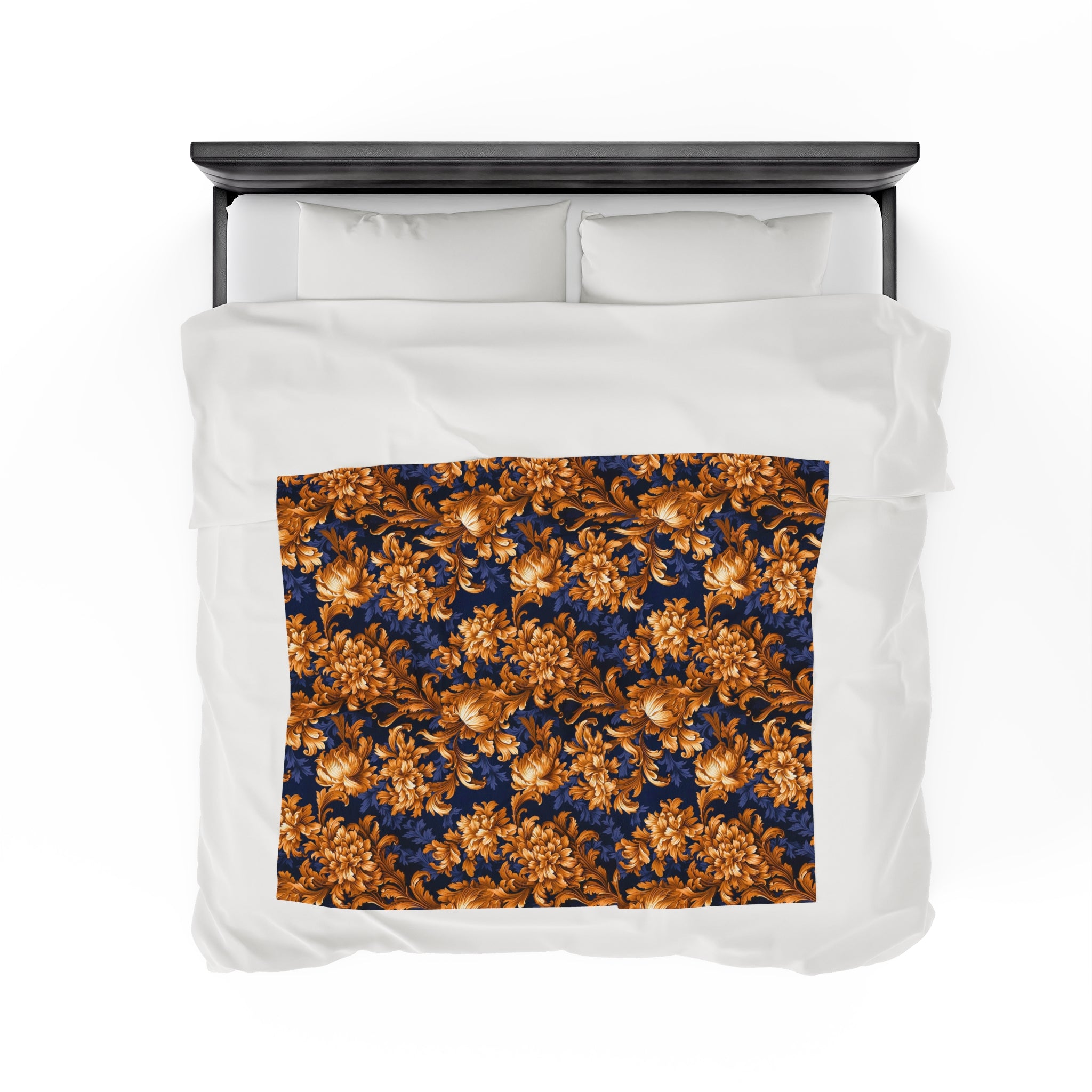 Velveteen Plush Blanket | Gold & Navy Flowers | Baroque Floral Throw Blanket