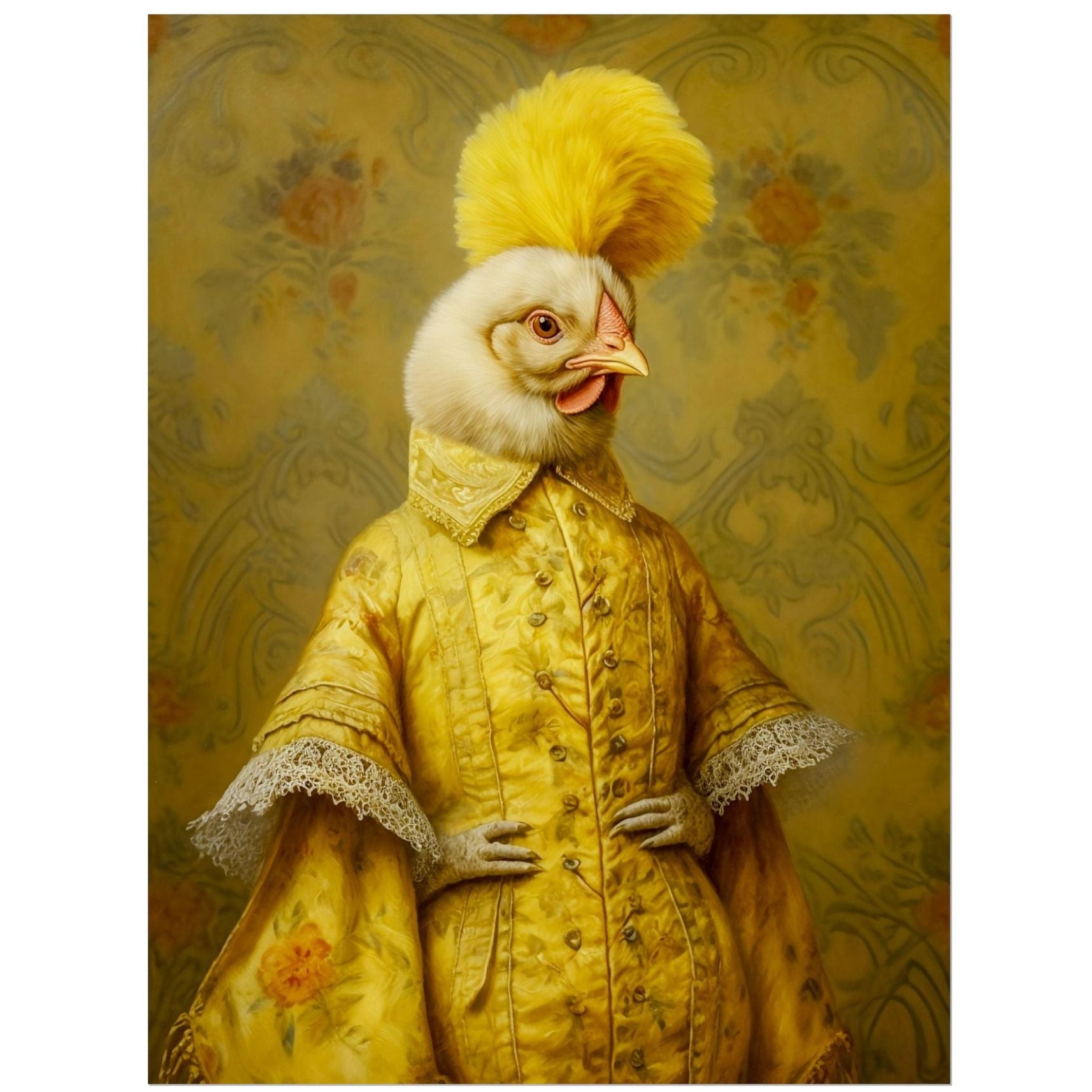 Chicken in a yellow costume with decorative elements against a patterned background