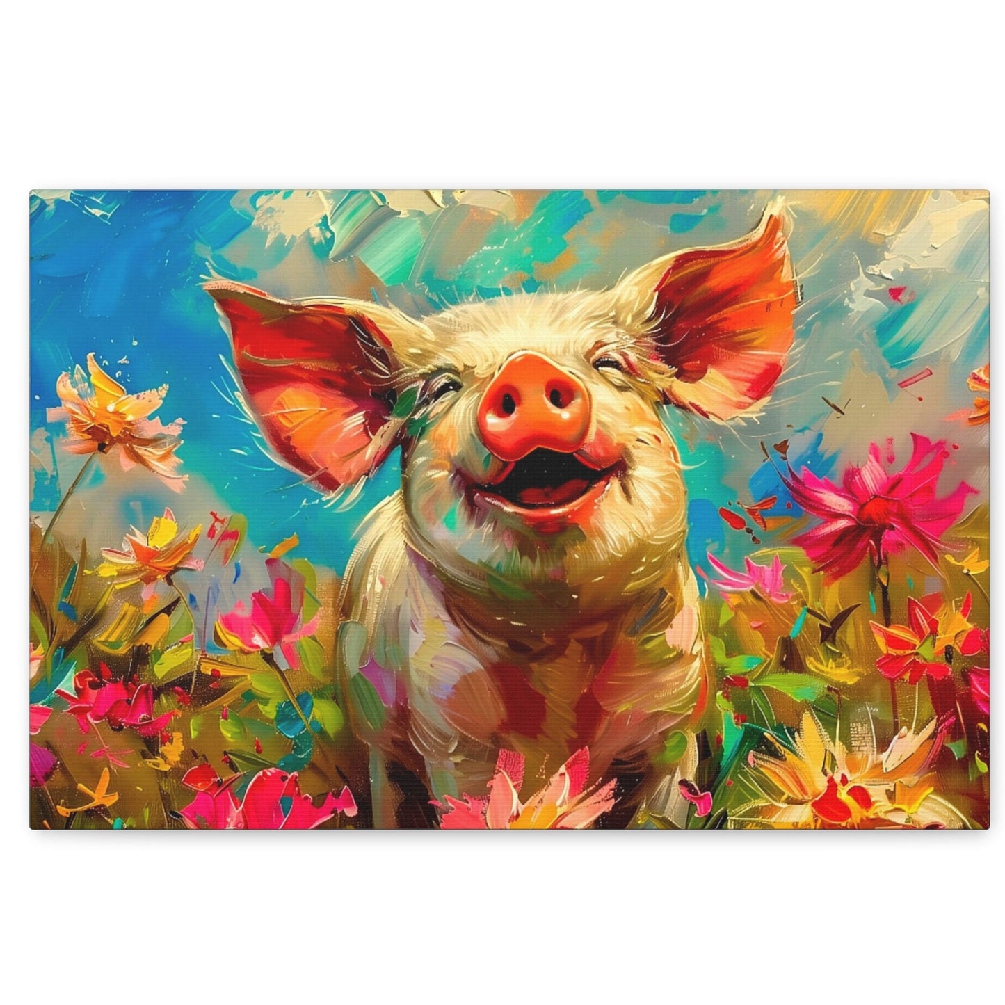 Spring Pig in Blossoms Canvas Art Print - Pig Portrait Art for Home & Office