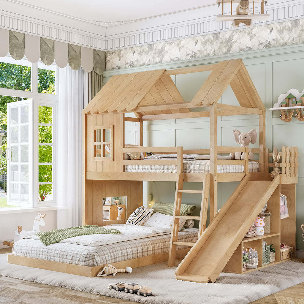 Twin over Full House Bunk Bed with Ladders and Slides, House Floor Bunk Bed with Storage Shelves and Wardrobe, Playhouse Design, Natural