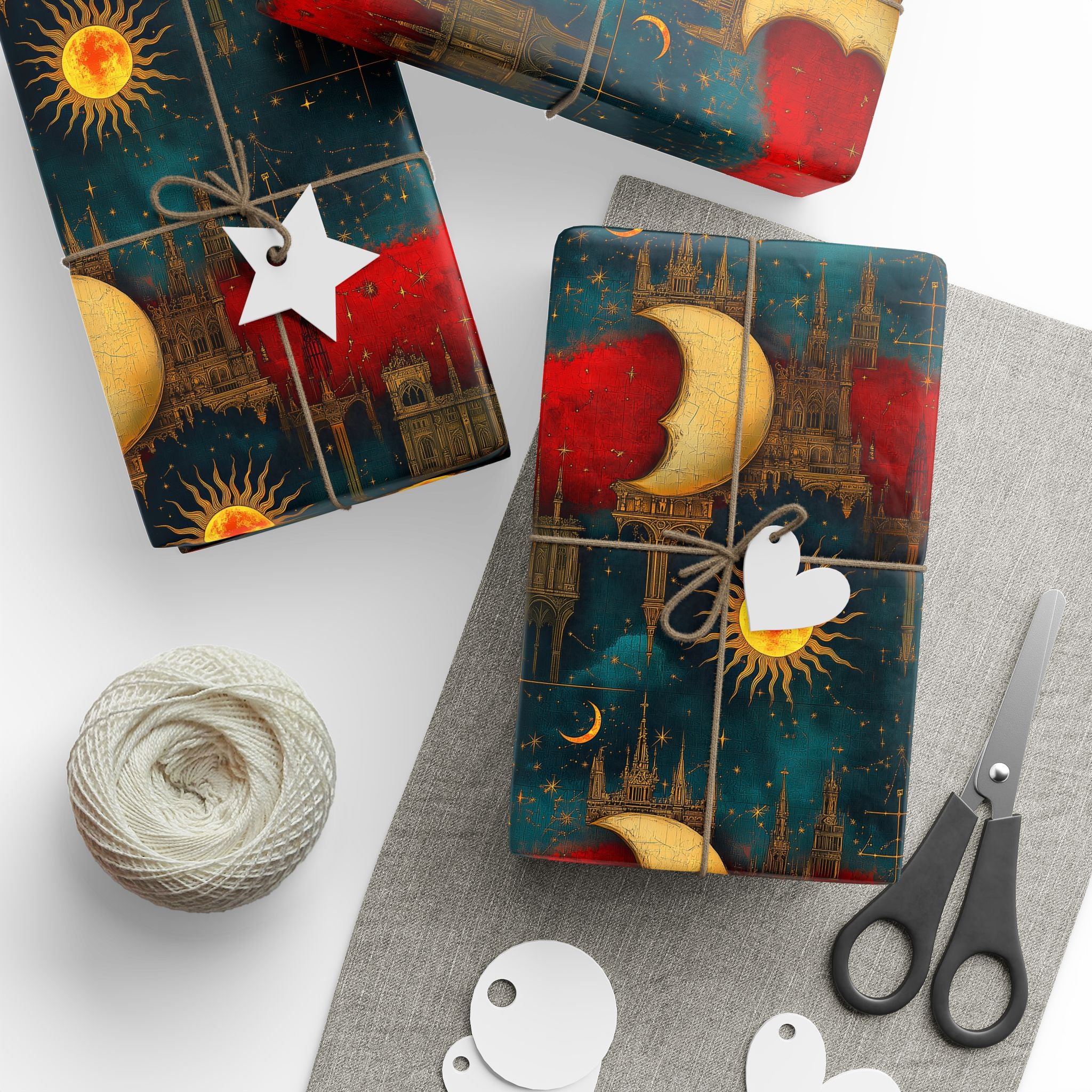 Sun and Moon Wrapping Paper: Red, Blue & Gold Architecture